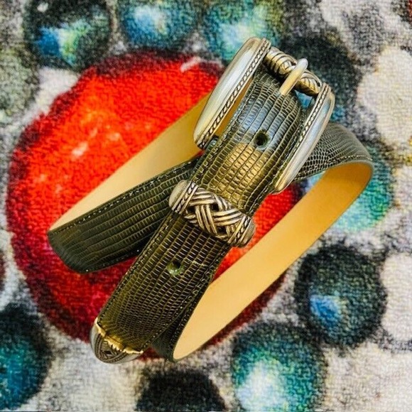 Brighton Womens Large Vintage Brown Green Leather Faux Lizard Skin Embossed Belt - Picture 3 of 13